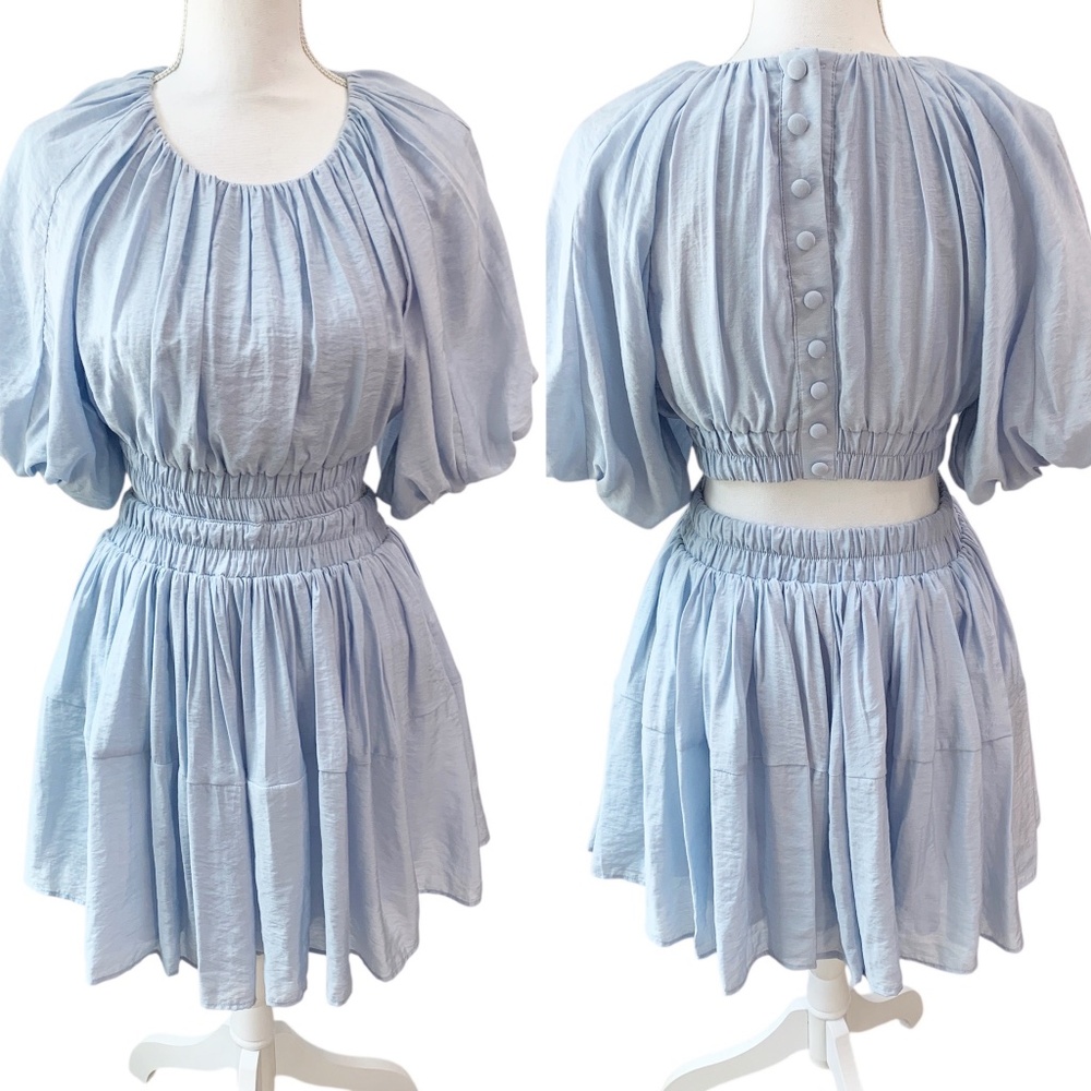 Vici Light Blue Puff Sleeve Cut-Out Detail Mini Dress Sz M - Picture 2 of 15